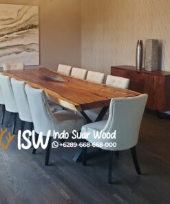 Meja Kayu Solid Kaki Besi Silang