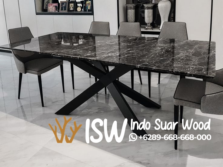 Meja Makan Marmer Hitam Kaki Besi