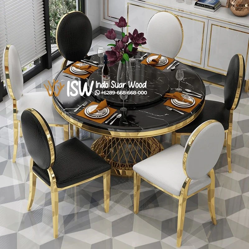 Meja Makan Marmer Bulat Kaki Stainless Blora