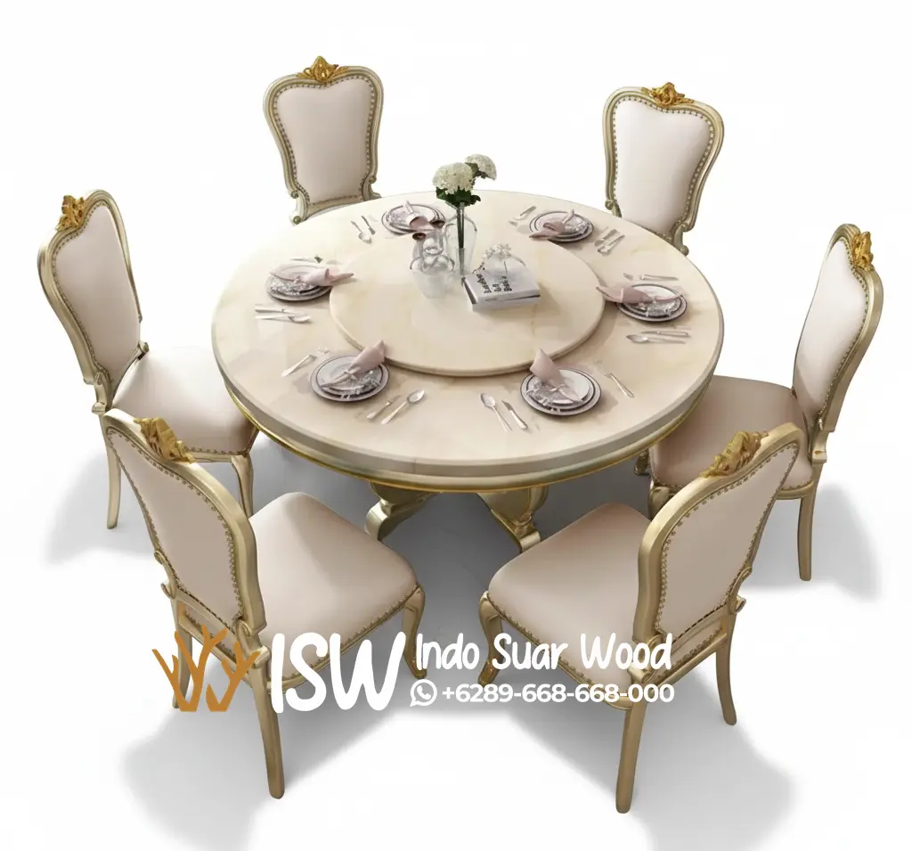 Meja Makan Marmer Bulat Putar 6 Kursi
