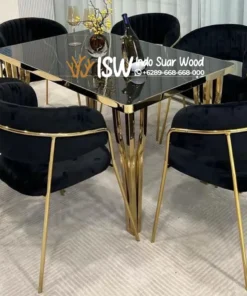 Meja Makan Marmer Hitam Kaki Besi gold