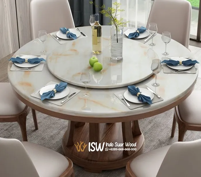 Meja Makan Marmer Kaki Kayu