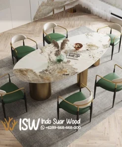 Meja Makan Marmer Tanpa Sudut Kaki Stainless