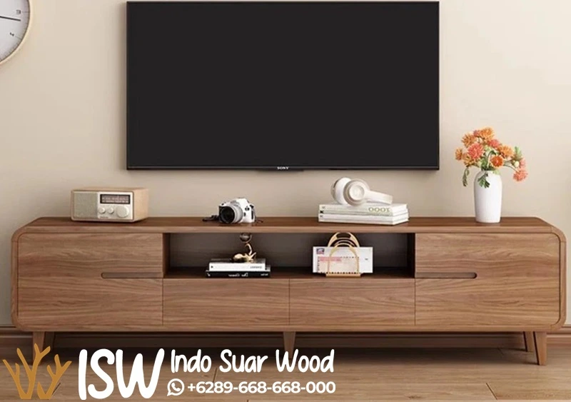 Meja TV Kayu Natural Minimalis Sudut Rounded