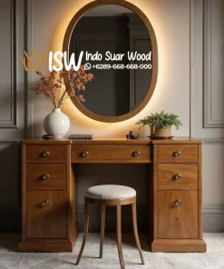 Meja Rias Kayu Jati Klasik Cermin Bundar Backlight