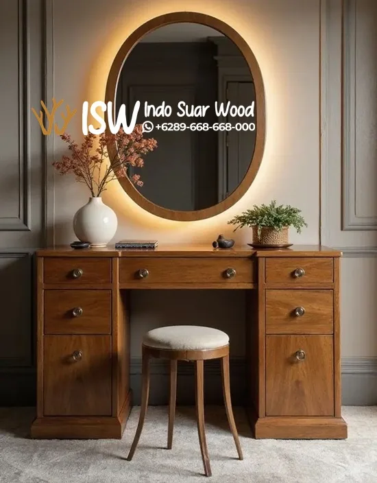 Meja Rias Kayu Jati Klasik Cermin Bundar Backlight