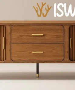 Meja TV Oval Minimalis Kayu Jati Linier