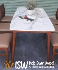 Set Meja Makan Marmer 6 Kursi Kaki Kayu
