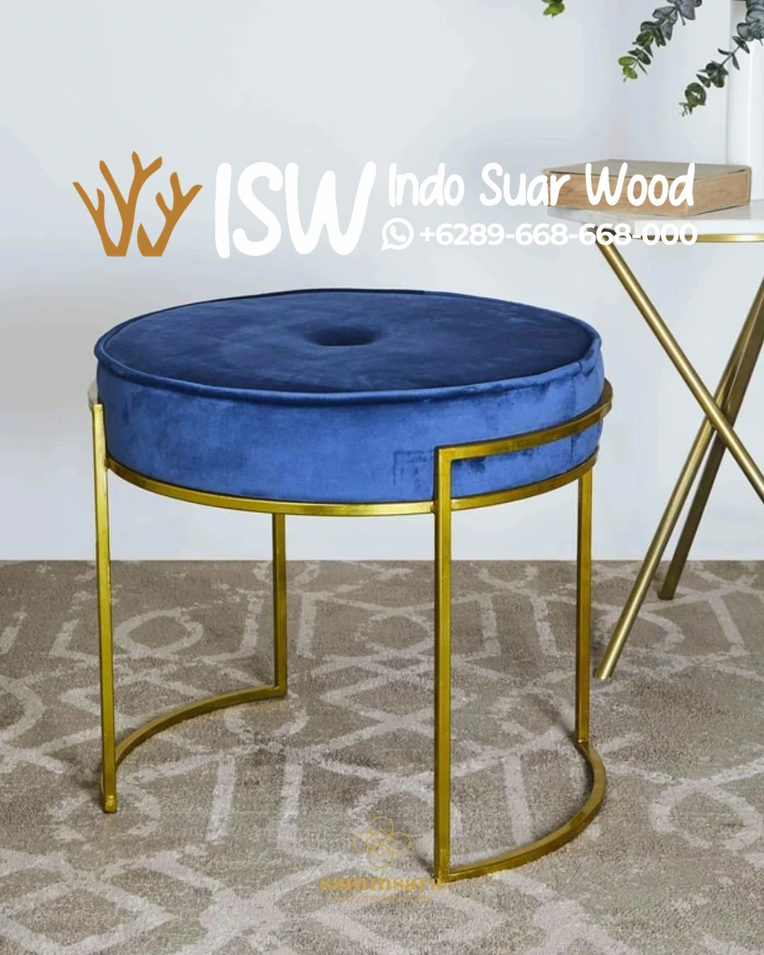 Kursi Stool Velvet Blue Luxury Gold Edition