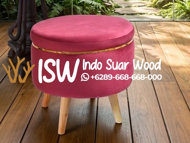 Kursi Stool Bulat Pink Kaki Kayu